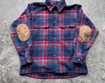 Vintage 90s Pendleton Autumn Tones Rustic Leather Elbow Patch Western Wool Flannel Button Up Shirt Large