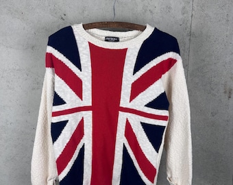Vintage 80s Anybody Brand Cotton Blend Indie British Flag Union Jack Cottage Core Pullover Sweater Medium