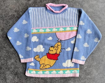 Vintage 90s Disney Winnie The Pooh Pastel Picture Knit Character Mock Neck Youth Kids Pattern Sweater Y-XL