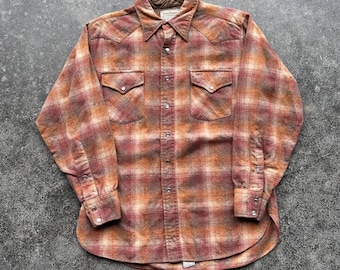 True Vintage 70s Pendleton Autumn Tones Rustic Shadow Plaid Pearl Snap Western Wool Flannel Button Up Shirt Large