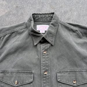 Vintage 90s C.C. Filson Co Brand Rustic Quality Heavy Cotton Canvas Smokey Forest Green Button Up Shirt Large image 3