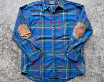 Vintage 90s Pendleton Cool Blue Rustic Leather Elbow Patch Western Wool Flannel Button Up Shirt Large