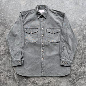Vintage 90s C.C. Filson Co Brand Rustic Quality Heavy Cotton Canvas Smokey Forest Green Button Up Shirt Large image 1