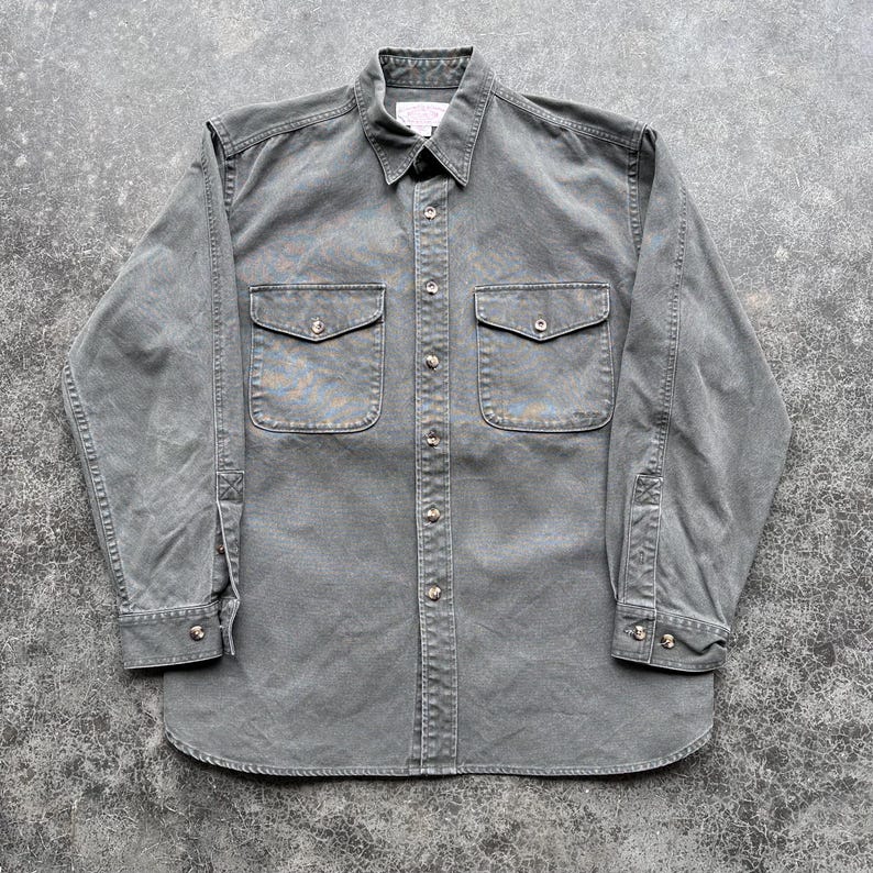 Vintage 90s C.C. Filson Co Brand Rustic Quality Heavy Cotton Canvas Smokey Forest Green Button Up Shirt Large image 1