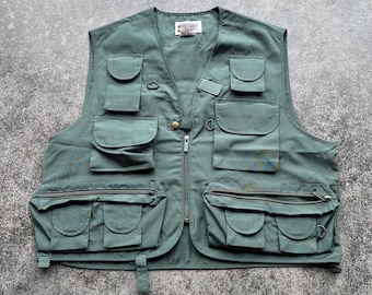 Vintage 90s Steam Designs Forest Green Utility Multi Pocket Fly Fishing Gorp Core Vest Medium