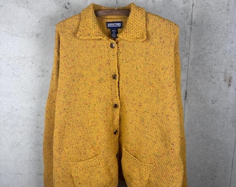 Vintage 90s Lands' End All Wool Mustard yellow Speckled Rustic Cozy Shaggy Button Up Cardigan Collared Sweater XL