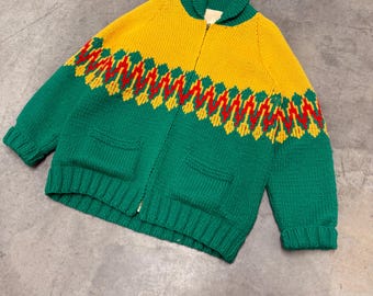 Vintage 1950s/60s mens Cowichan zip up homemade knitted sweater XL chunky thick