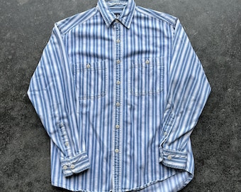 Vintage 90s Gap Brand Denim Cotton White Yacht Club Style Striped Summer Button Up Shirt Small