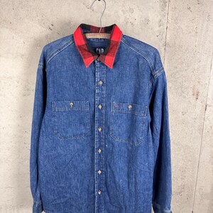 Vintage 90s Gap Brand Cotton Indigo Denim Flannel Collared Button Up Preppy Rustic Shirt Medium