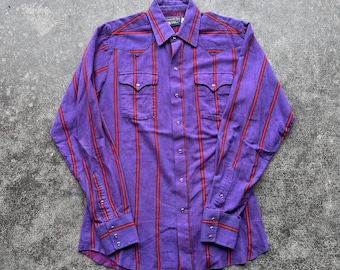 Vintage 90s Cotton Pearl Snap Western Aztec Striped Brushoper Purple Button Up Shirt Large