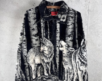 Vintage 90s Black Mountain Brand Black & Gray Nature Scene Wolf Rustic Cozy Picture Fleece Zip Up Pullover Large