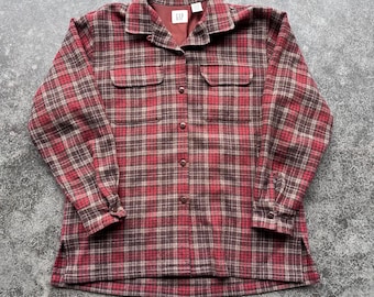 Vintage 90s Gap Brand Wool Blend Cozy Rustic Red Loop Collar Plaid Board Shirt Flannel Medium