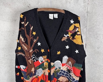 Vintage 90s Boundary Waters Cotton Blend Spooky Autumn Halloween Vibes Pumpkin Patch Festive Picture Knit Cardigan Sweater Medium