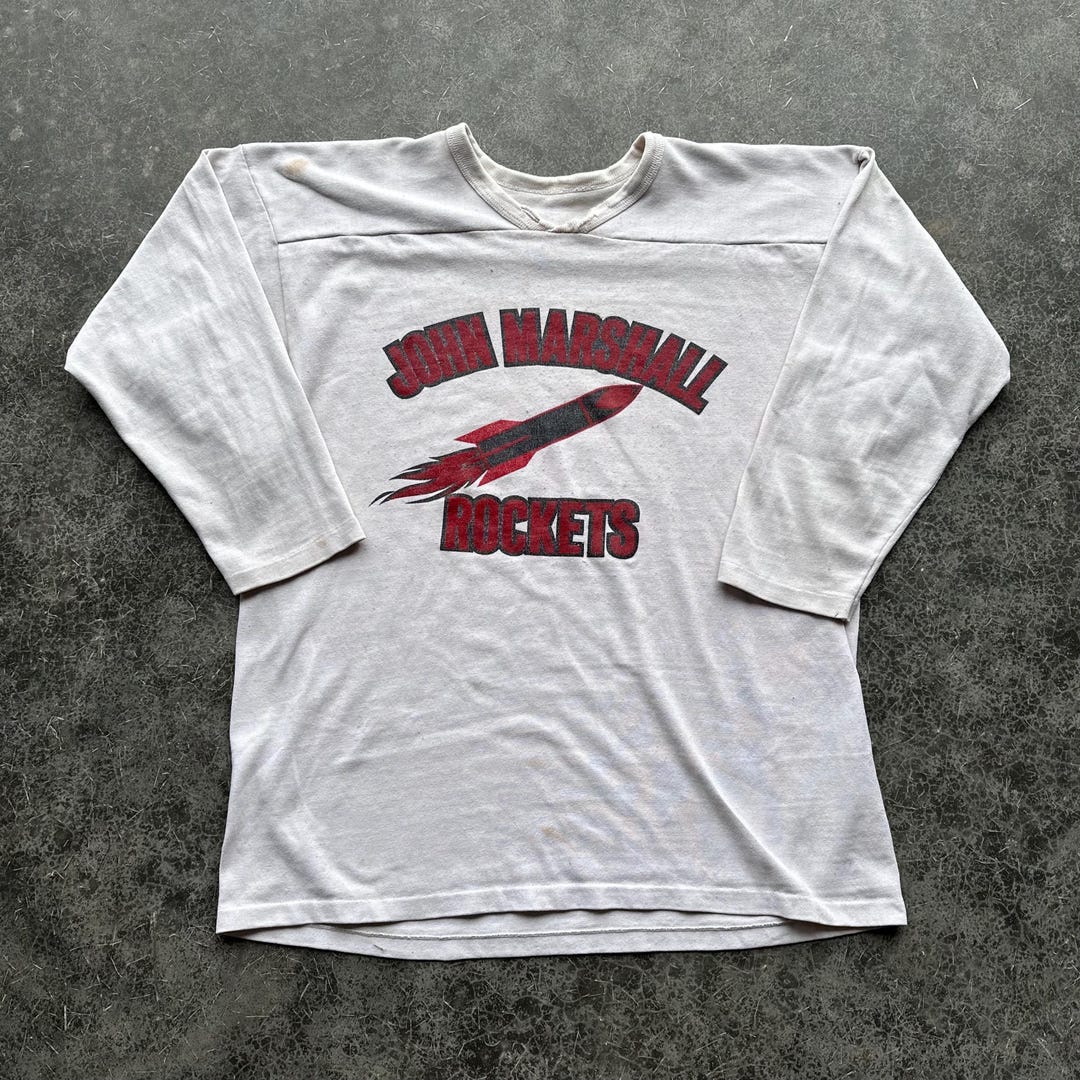 Jm Rockets Football Vintage 80s White John Marshall Rockets Graphic 3/4th Sleeve Football ...