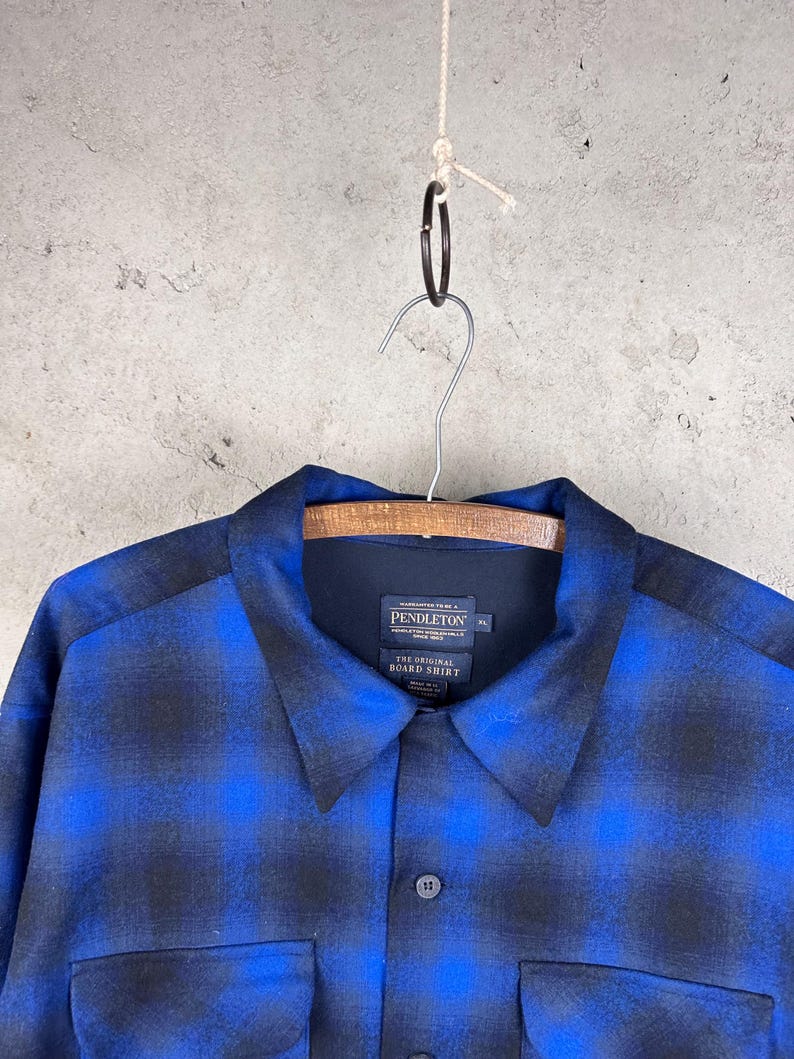 Vintage Style Pendleton Original Board Shirt Wool Black & Blue Shadow Plaid Rustic Cozy Flannel Shirt XL image 4