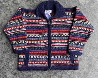 Vintage 90s Del Mundo All Wool Chunky Striped Multicolored Rainbow Pattern Indie Cute Zip Up Pullover Sweater Medium
