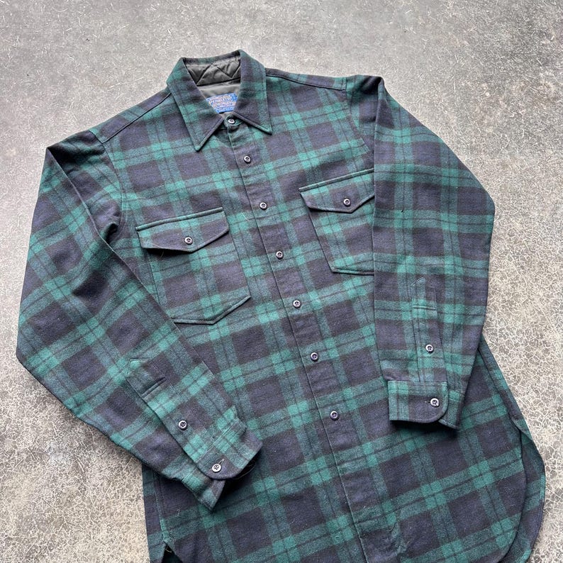 Vintage 80s Pendleton Forest Green Rustic Western Wool Flannel Button Up Shirt Medium image 2