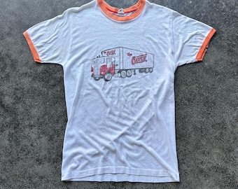 True Vintage 70s Stedman Cotton Blend White & Orange Chief Promo Trucker Ringer Graphic T-Shirt Medium