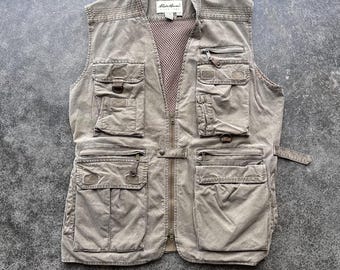Vintage 90s Eddie Bauer Brand All Cotton Utility Multi Pocket Fly Fishing Gorp Core Vest Medium