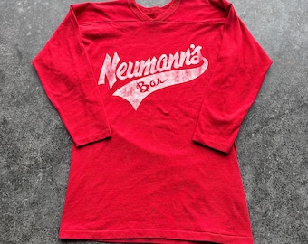 Vintage 80s Russell Athletic Cherry Red Neumann's Bar Faded 3/4th Sleeve Football Shirt Large
