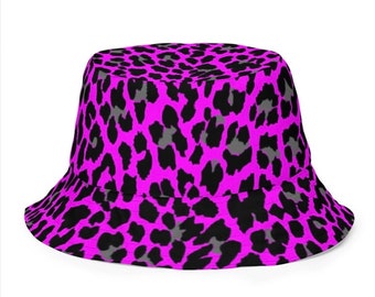 Fuchsia Leopard Reversible Two-Sided Bucket Hat, Funky Pink Festival Hat Rave Hat, Moisture-Wicking Breathable Bucket Hat, Sun Hat, Golf Hat