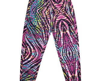 May include: A pair of pink, black, and blue patterned sweatpants with a zebra-like print.