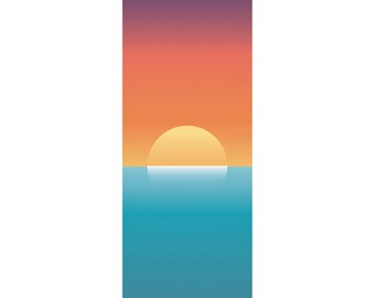 May include: A yoga mat with a sunset over the ocean design. The mat has a gradient of purple, orange, and yellow at the top, transitioning to blue at the bottom. The sun is a yellow circle in the middle of the mat. The text "NAMASTE GANGSTER" is at the bottom of the mat.