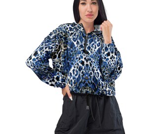 Psychedelic Leopard Windbreaker, Sapphire Women’s Cropped Windbreaker, Leopard Rain Coat, Leopard Cropped Jacket, Water-Resistant Clothing