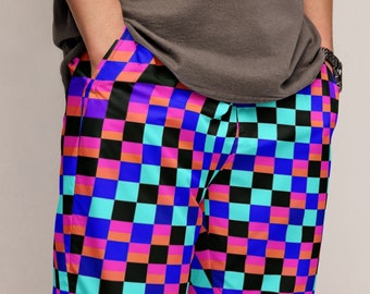 Checkerboard Track Pants, Vibrant Retro Checkered Pants, Matching Sets, Water Resistant Athletic Pants, Athleisurewear, Chic Loungewear