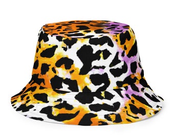 Party Hat, Graffiti Art Hat, Leopard Print Bucket Hat, Festival Hat, Rave Wear, Reversible Moisture-Wicking Breathable Bucket Hat, Beach Hat