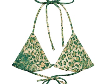 Vintage Green Leopard Golden Hue String Bikini Top, Green Amethyst Leopard Cheetah Bikini Top, Animal Print Top, Triangle Top Bikini