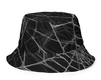 Spider Web, Spooky Bucket Hat, Broken Mirror Reversible Black and Gray Haunting Hat, Halloween Accessories, Gothic Accessories, Witchy Hat