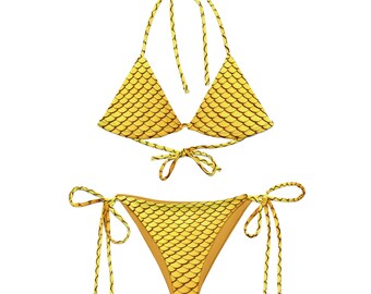 Golden Dragon Scales String Bikini, Coin Bikini, Animal Print Bikini, Triangle Top String Bikini Set, Eco-Friendly Swimwear
