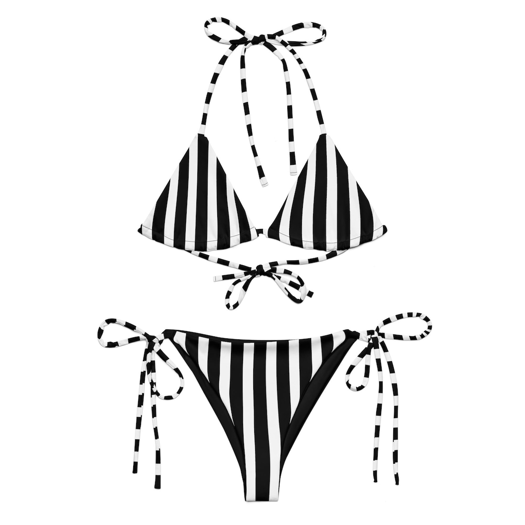 CC BIKINI SWIMSUIT SET IN WHITE WITH BLACK VERTICAL STRIPES 633258