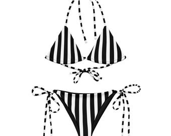 Zwart-wit gestreepte stringbikini, verticaal gestreepte bikini, milieuvriendelijke badkleding, klassieke zwart-witte bikini, gestreepte bikiniset
