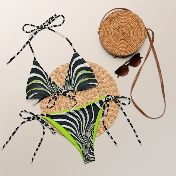 Zebra String Bikini, Green, Zebra Bikini, Eco-Friendly Swimwear, Lime, Black & White Bikini, Animal Print, Striped Multi-Wear Tie Top Bikini