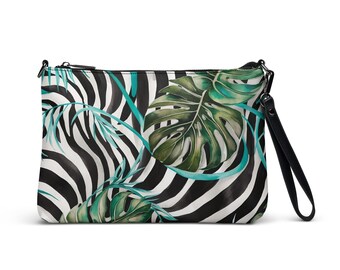 Monstera Leaf Crossbody Bag, Jungle Purse, Swiss Cheese Plant Bag, Green, Turquoise, Wristlet Clutch Bag with Convertible Straps