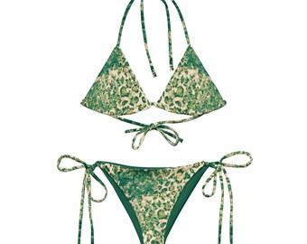 Vintage Green Leopard Golden Hue, Green Amethyst Leopard String Bikini, Cheetah Bikini Set, Animal Print Feline Bikini, Triangle Top Bikini