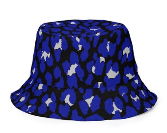 Blue Leopard Bucket Hat, Party Hat, Reversible, Moisture-Wicking Bucket Hat, Festival Hat, Cute Rave Hat, Festival Bucket Hat