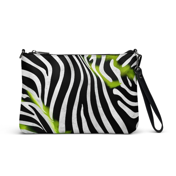 Zebra Crossbody Bag, Striped Crossbody Bag, Green Black and White Leather Purse, Animal Print Leather Wristlet Clutch Bag Convertible Straps