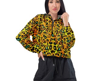 Women’s Cropped Windbreaker, Orange Rain Coat, Leopard Print Women’s Jacket, Psychedelic Water Resistant Clothing, Dog Walking Jacket