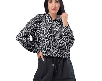 White Leopard Women’s Cropped Windbreaker, Black and White Clothing, Leopard Rain Coat, Leopard Rain Jacket, Water-Resistant Outerwear