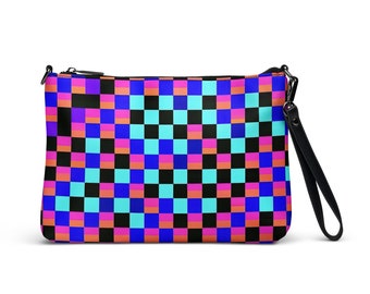 Bolso bandolera con diseño de cuadros y retazos, bolso de día y de noche con correas convertibles, cartera de mano de cuero para teléfono, cartera de cuero para pulsera