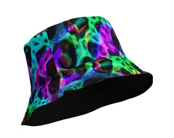 Psychedelischer Reversible Two Sided Hut, Lebender Space Bucket Hat, Schwarzer Bucket Hat, Club Hut, Festival Hut, Feuchtigkeitsableitender Bucket Hat