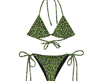 Lime Leopard String Bikini Set, Triangle Top Bikini, Animal Print Bikini, Padded Leopard Two Piece Swimsuit, Eco-Friendly Bikini