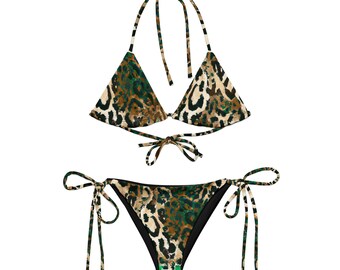 Emerald Leopard Bikini, Eco-Friendly Swimwear, Camo Bikini, Animal Print Bikini, Camouflage Swimsuit, Multi-Wear Multi Tie String Bikini