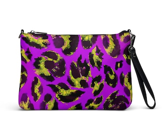 Purple, Black, and Yellow Leopard Crossbody Bag, Vibrant Purse, Day to Night Date Night Clutch, Wristlet Wallet Removable Convertible Straps