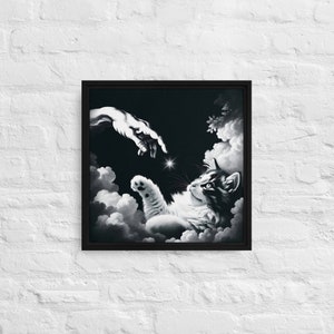 The Creation of Adam Framed Canvas, God's Creatures, Cat in the Heavens, Cat is God, Animal Prints, Framed Animal Art, Cat Canvas Print