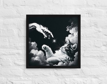 The Creation of Adam Framed Canvas, God's Creatures, Cat in the Heavens, Cat is God, Animal Prints, Framed Animal Art, Cat Canvas Print