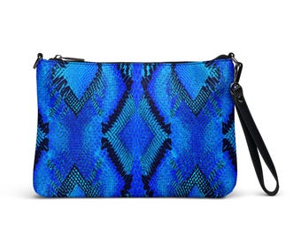 Electric Blue Snake Skin Crossbody Bag, Snake Clutch, Blue and Black Snake Purse, Snake Pattern Side Bag, Animal Print Clutch, Reptile Bag